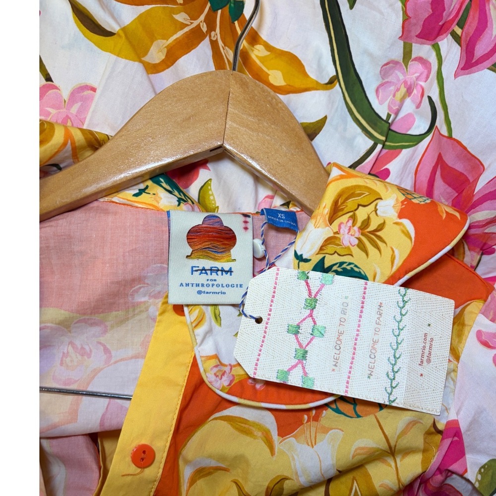 Farm Rio Talita Floral Puff Sleeve Mini Dress Orange Button Front XS NEW - Picture 6 of 14